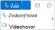 Snímka obrazovky s rozbaľovacím zoznamom Hovor na karte kontaktu v Outlooku