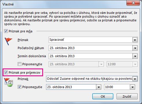 Začiarkavacie políčko príkazu Príznak pre príjemcov v dialógovom okne Vlastné