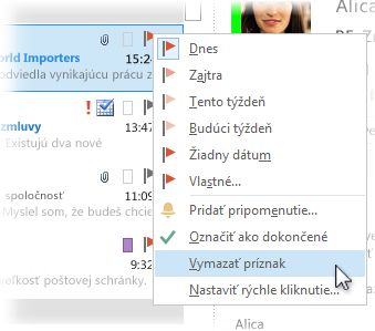 Príkaz Odstrániť príznak v ponuke zobrazenej po kliknutí pravým tlačidlom myši v zozname správ