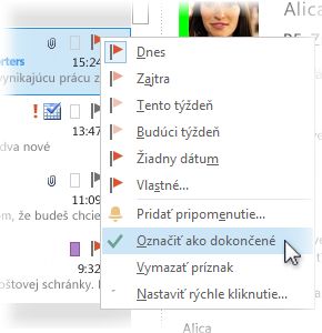 Príkaz Označiť ako dokončené v ponuke zobrazenej po kliknutí pravým tlačidlom myši v zozname správ