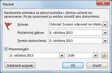 Vlastné dialógové okno na nastavenie pripomenutí, počiatočných dátumov a termínov dokončenia