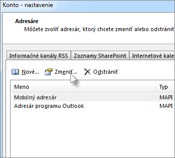 Kliknite na požadovaný adresár a potom kliknite na položku Zmeniť.