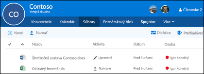 Kliknite na položku Files (Súbory) v skupine v Office 365 a zobrazte zoznam súborov a priečinkov uložených vo vašej skupine
