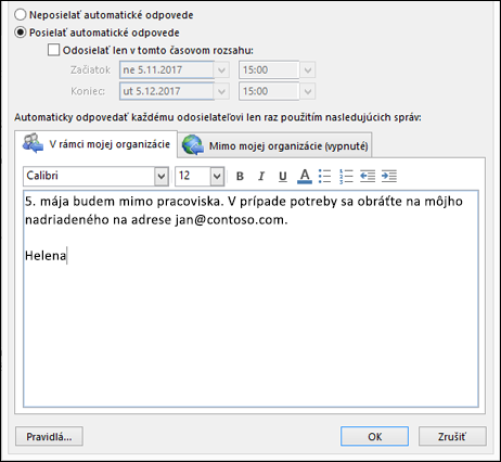Zadajte správu automatickej odpovede