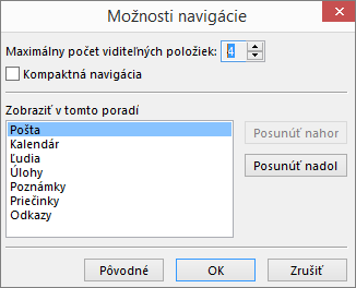 Dialógové okno Možnosti navigácie zobrazené z panela rýchleho prístupu