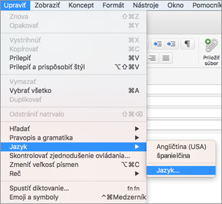 Outlook 2016 pre Mac – Upraviť > Ponuka Jazyk