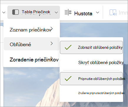 Snímka obrazovky s rozbaľovacím zoznamom na table Priečinok s vybratými položkami Zobraziť obľúbené a Pripnúť obľúbené položky