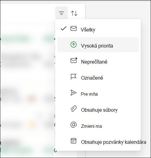 Ponuka filtra správ v Outlooku zobrazujúca, že jednou z možností je vysoká priorita.