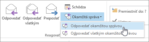 Odpovedanie skupine s otvoreným rozbaľovacím zoznamom a zvýraznenou položkou Odpovedať okamžitou správou