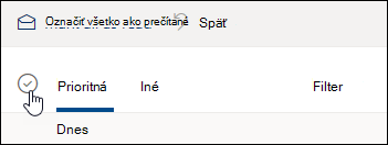 Snímka obrazovky so začiarkavacím políčkom nad zoznamom správ