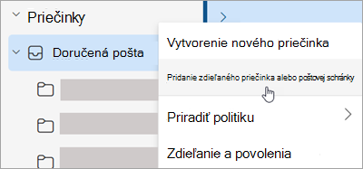 Snímka obrazovky zobrazujúca výber možnosti Pridať zdieľaný priečinok alebo poštovú schránku