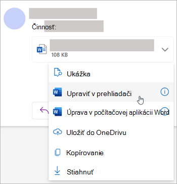 Snímka obrazovky zobrazujúca rozbaľovací zoznam príloh s vybratou položkou Upraviť v prehliadači