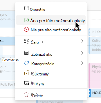 Ponuka po kliknutí pravým tlačidlom myši na plánovanie podržania hlasovania s možnosťami hlasovania