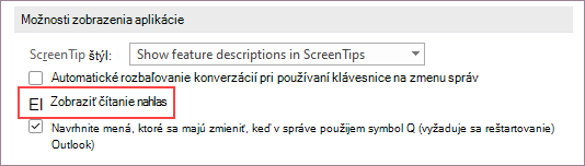 Možnosti zobrazenia aplikácie so začiarknutým políčkom Zobraziť čítanie nahlas.