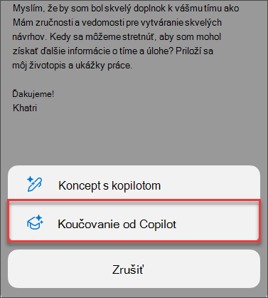 Možnosť ponuky na trénovanie Copilotom v Outlooku pre mobilné zariadenia