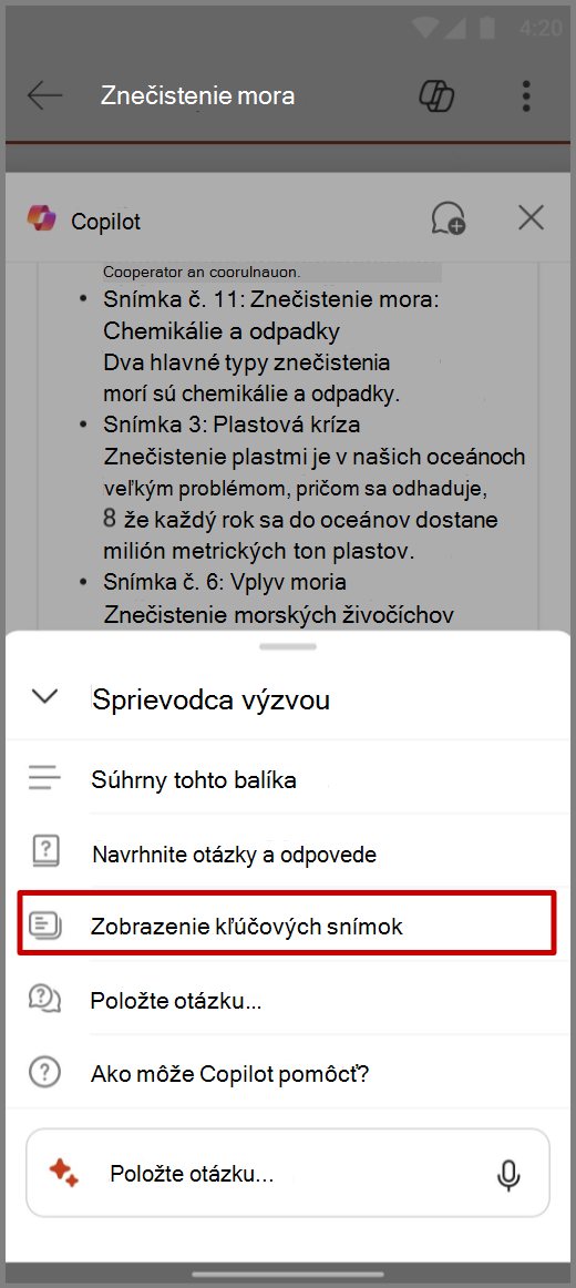 Snímka obrazovky Copilota v PowerPointe v zariadení s Androidom s príkazom Zobraz kľúčové snímky