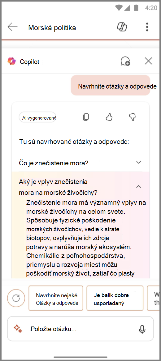 Snímka obrazovky Copilota v PowerPointe v zariadení s Androidom s výsledkami príkazu Navrhnúť nejaký Q&Ako