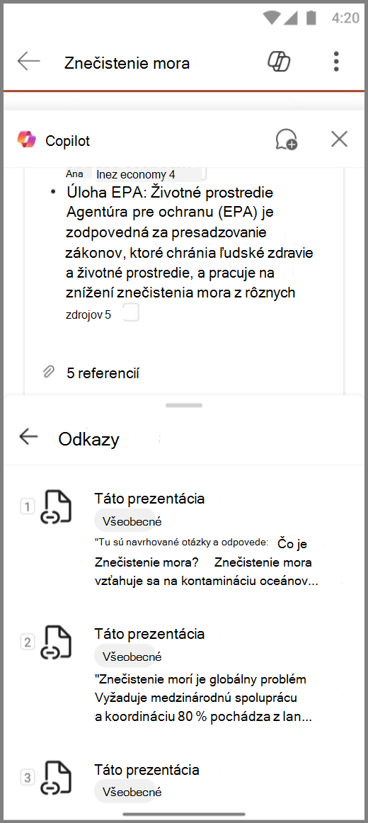 Snímka obrazovky Copilota v PowerPointe v zariadení s Androidom s odkazmi pre odpoveď na príkaz Vytvor súhrn tejto prezentácie