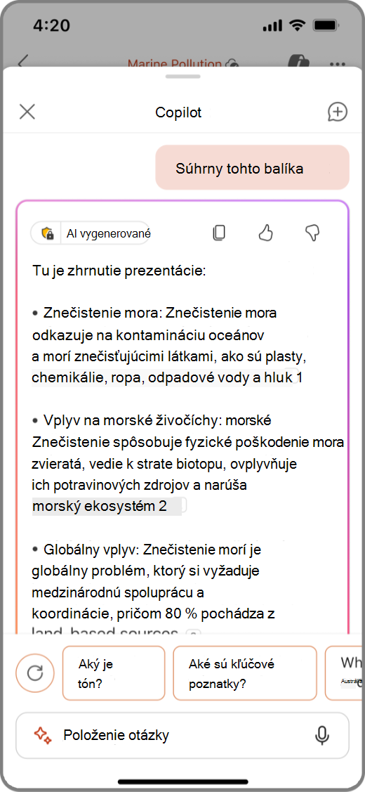 Snímka obrazovky Copilota v PowerPointe v zariadení so systémom iOS s výsledkami pre príkaz Vytvor súhrn tejto prezentácie