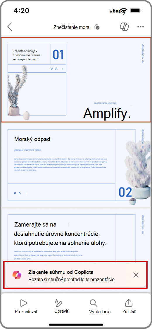 Snímka obrazovky Copilota v PowerPointe v zariadení so systémom iOS so zvýrazneným príkazom Získaj súhrn