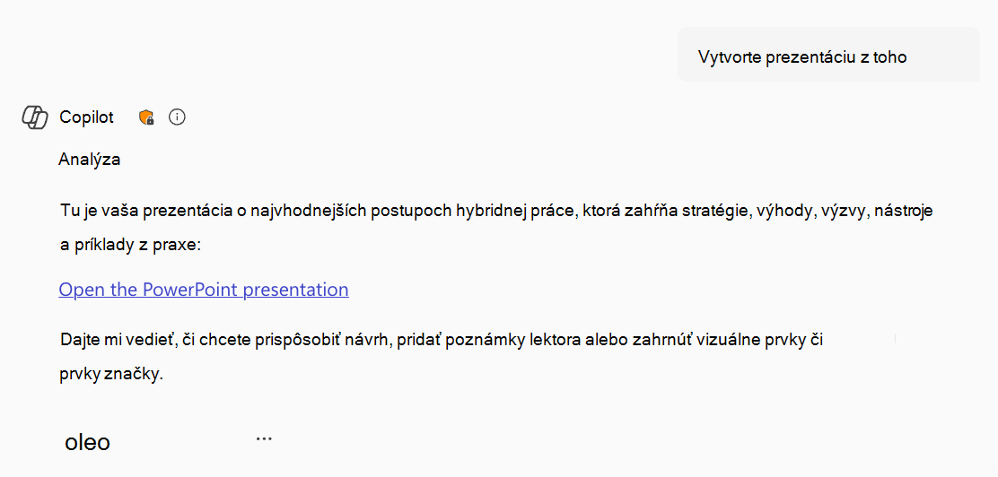 Snímka obrazovky s M365 Copilotom, ktorý generuje PowerPoint a poskytuje prepojenie späť používateľovi.