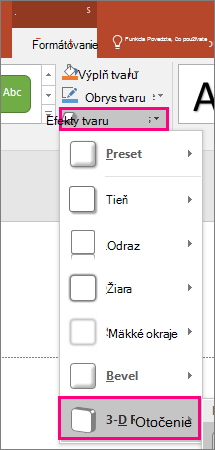 Zobrazuje možnosť Priestorové otáčanie v ponuke Efekty tvaru v PowerPointe 2016.
