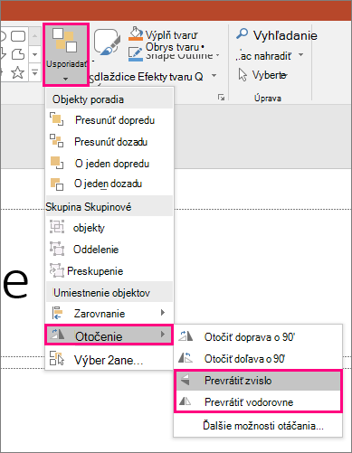 Zobrazuje možnosti Usporiadať > , Otočiť > a Prevrátiť v PowerPointe.