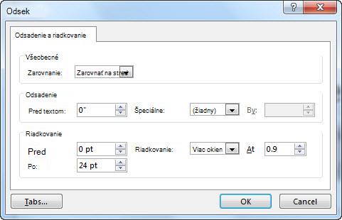 Dialógové okno Odsek v PowerPointe