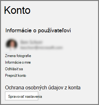 Panel Konto zobrazujúci tlačidlo Ochrana osobných údajov konta, Spravovať nastavenia