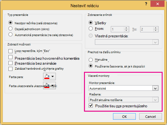 Možnosti monitora v dialógovom okne Nastavenie prezentácie