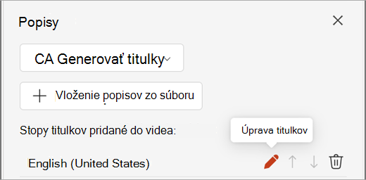 Tlačidlo Upraviť titulky pre stopu titulkov na table Titulky.