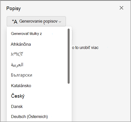 Rozbaľovacia ponuka Generovať titulky na table Titulky.
