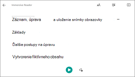Snímka obrazovky s imerznou čítačkou textu.