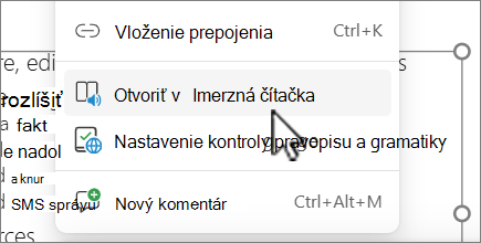 Snímka obrazovky Otvoriť v imerznej čítačke.