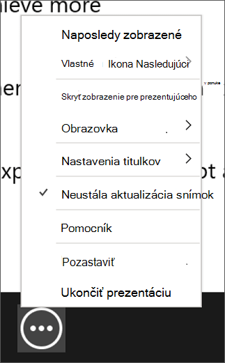 Ponuka Ďalšie možnosti prezentácie v zobrazení pre prezentujúceho.