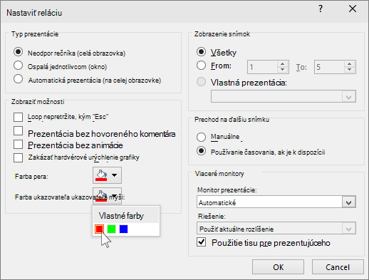 Zobrazuje možnosti laserového ukazovateľa v PowerPointe