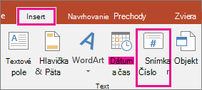 Tlačidlo Číslo snímky na páse s nástrojmi v PowerPointe