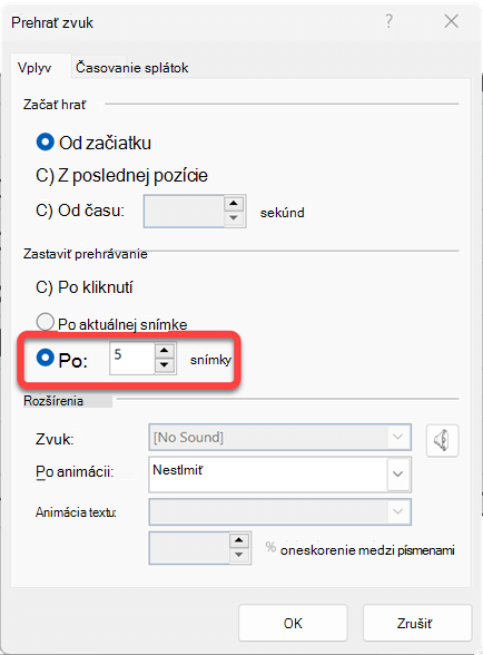 Môžete určiť počet snímok, počas ktorých sa bude zvukový klip prehrávať.