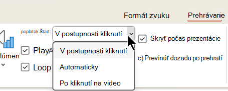 Na karte Prehrávanie pre zvukové súbory sú tri možnosti spustenia prehrávania zvuku.