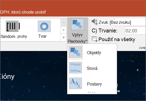 Zobrazí možnosti efektov prechodu Morfing v PowerPointe 2016