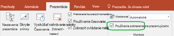Karta Prezentácia v PowerPointe obsahuje ovládací prvok začiarkavacie políčko na ovládanie toho, či sa zobrazenie pre prezentujúceho má používať pri zobrazení prezentácie ostatným používateľom.