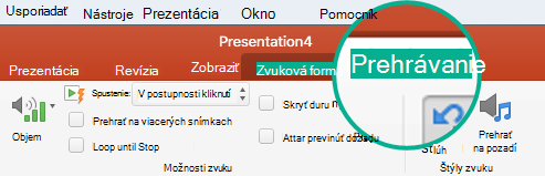 Keď na snímke vyberiete zvukový klip, na páse s nástrojmi sa zobrazí karta Prehrať, na ktorej možno nastaviť možnosti prehrávania.
