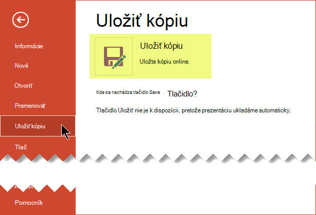 Príkaz Uložiť kópiu uloží súbor online vo OneDrive for Business alebo v SharePointe