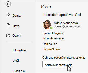 Informácie o konte v zobrazení Backstage