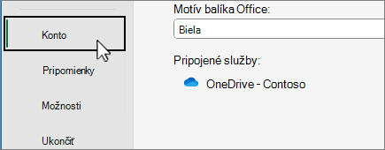 Položka ponuky Konto vo vybratom zobrazení Backstage
