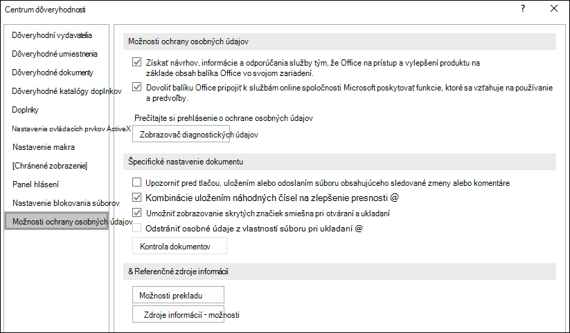 Možnosti ochrany osobných údajov v Centre dôveryhodnosti balíka Office