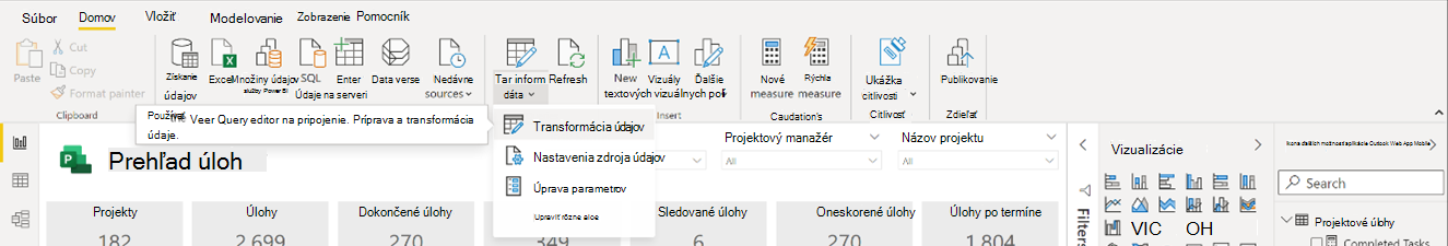 Zobrazuje kartu Domov s vybratou ikonou Transformovať údaje. V rozbaľovacej ponuke pre túto ikonu je vybratá možnosť Transformovať údaje.