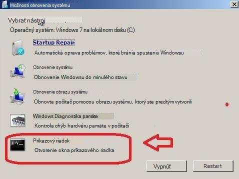Ponuka Možnosti obnovenia systému s vybratým príkazovým riadkom