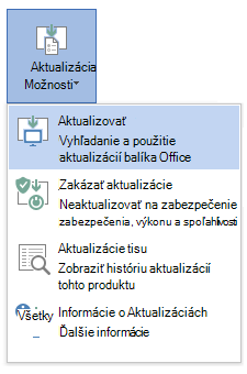 Snímka obrazovky s možnosťami aktualizácie