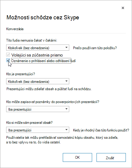 Meeting options dialog with announce when people enter or leave highlighted